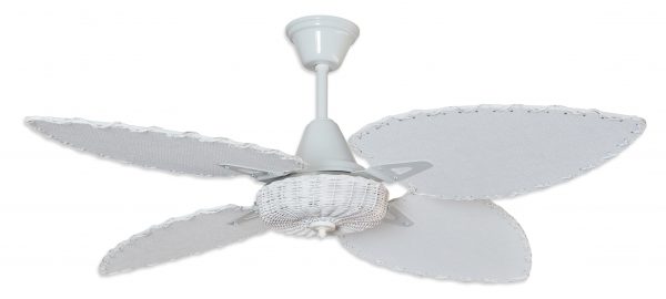 Ventilador BARI blanco palas y canasta tejida de rattan. Tono blanco