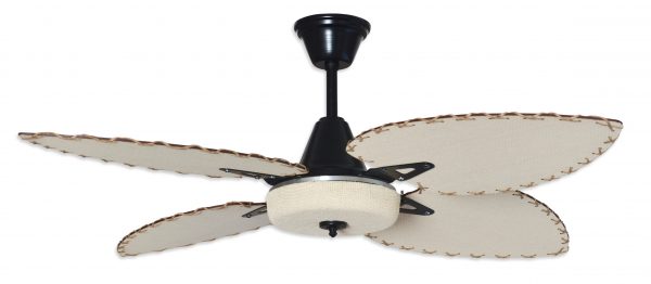 Ventilador BARI negro palas y tapa forrada de rattan. Tono natural