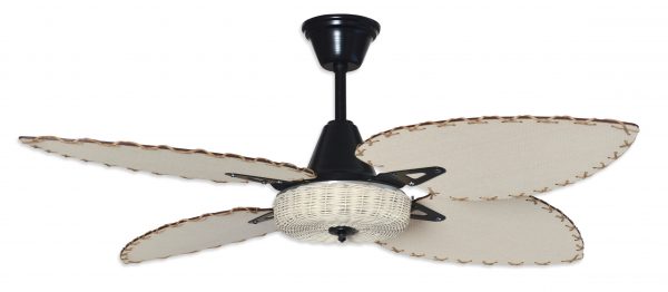 Ventilador BARI negro palas y canasta tejida de rattan. Tono natural