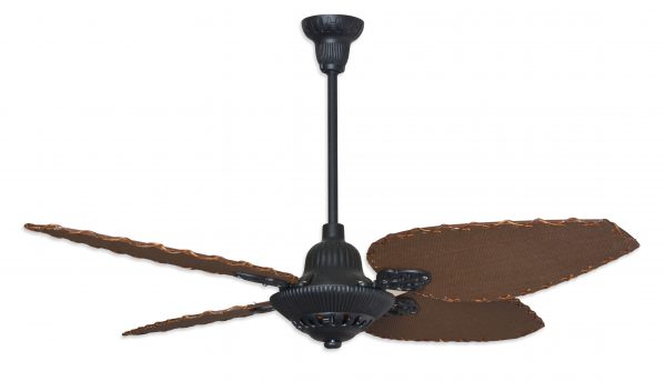 Ventilador SIENA Fundición negro con palas de rattan. Tono nogal