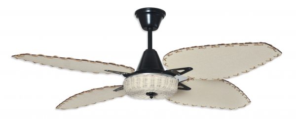 Ventilador SIENA negro palas y canasta tejida de rattan. Tono natural