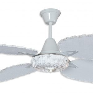 Ventilador SIENA blanco palas y canasta tejida de rattan. Tono blanco