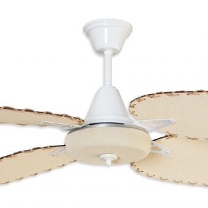 Ventilador SIENA blanco palas y tapa forrada de rattan. Tono natural