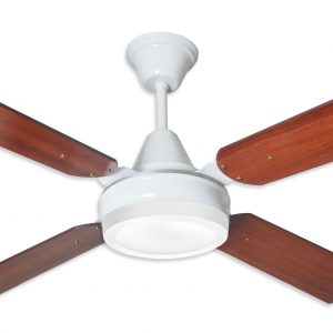 Ventilador GÉNOVA blanco palas de melamina y plafón led. Tono cedro