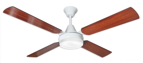 Ventilador GÉNOVA blanco palas de melamina y plafón led. Tono cedro
