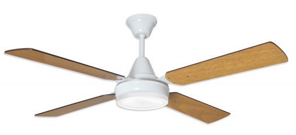 Ventilador GÉNOVA blanco palas de melamina y plafón led. Tono roble