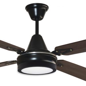 Ventilador GÉNOVA negro palas de melamina y plafón led. Tono nogal