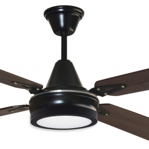 Ventilador GÉNOVA negro palas de melamina y plafón led. Tono nogal