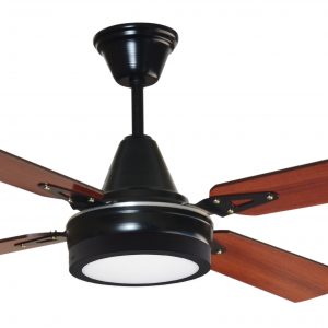 Ventilador GÉNOVA negro palas de melamina y plafón led. Tono cedro