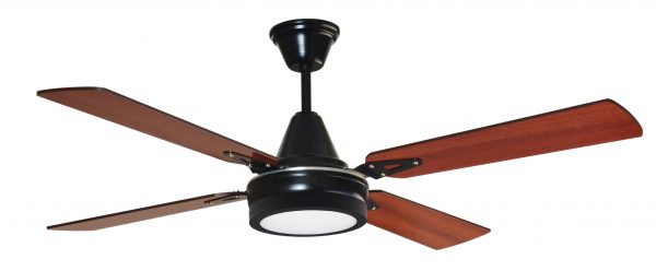 Ventilador GÉNOVA negro palas de melamina y plafón led. Tono cedro