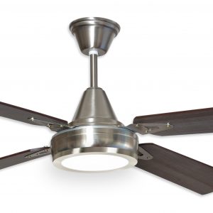 Ventilador GÉNOVA platil palas de melamina y plafón led. Tono nogal