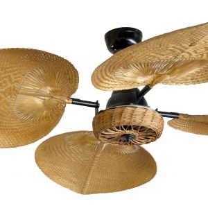 Ventilador VERONA negro palas y canasta tejida de rattan. Tono Roble