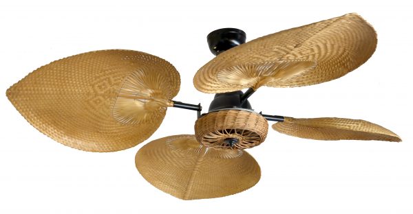 Ventilador VERONA negro palas y canasta tejida de rattan. Tono Roble