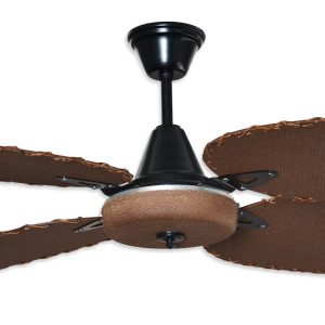 Ventilador SIENA negro palas y tapa forrada de rattan. Tono nogal